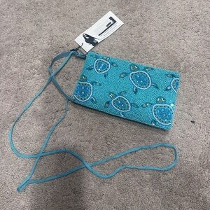 Blue Beaded Turtle Design Crossbody Bag